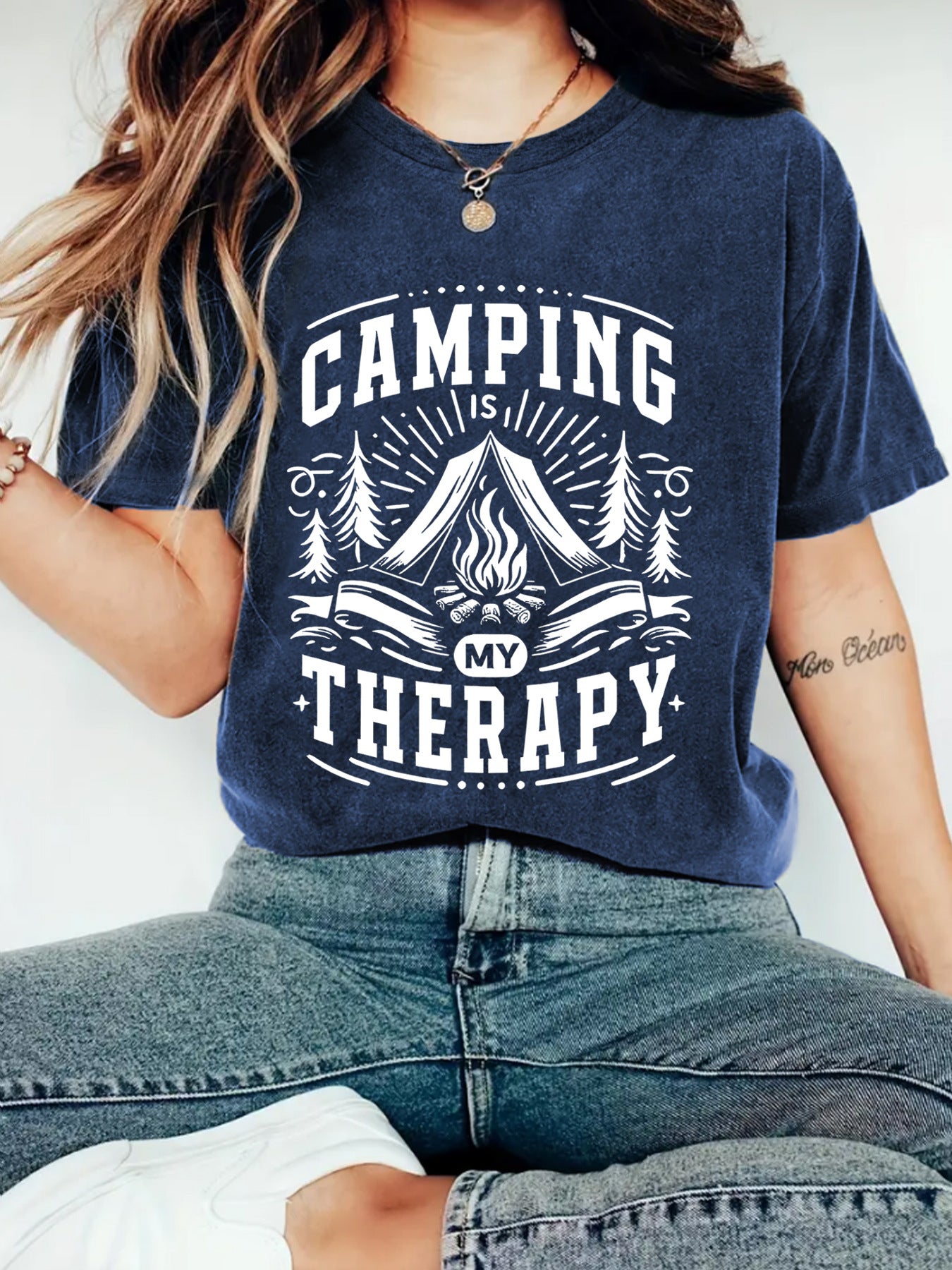 Camping Therapy T-Shirt with Campfire Print