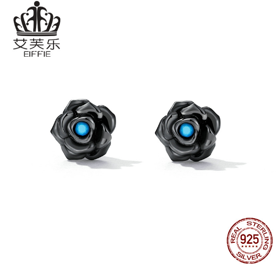 Avelle Original Sterling Silver S925 Black Rose Earrings Simple Black Gold Plated Blue Turquoise Flower Earrings