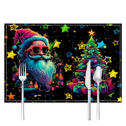 Neon Christmas table mat with white linen starry sky and Santa Claus print