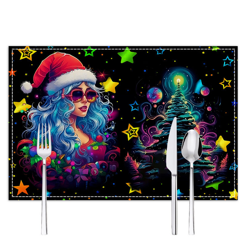 Neon Christmas table mat with white linen starry sky and Santa Claus print