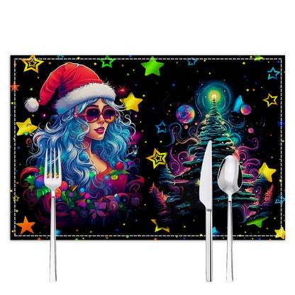 Neon Christmas table mat with white linen starry sky and Santa Claus print