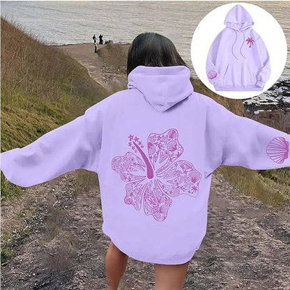Casual Hibiscus Print Hooded Zipper Hoodie