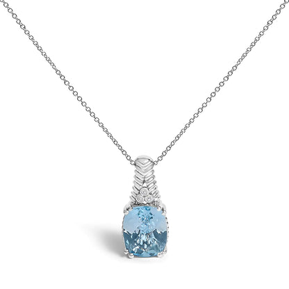 Blue Topaz and Diamond Accent Textured Pendant Necklace - 18" Inches .925 Sterling Silver