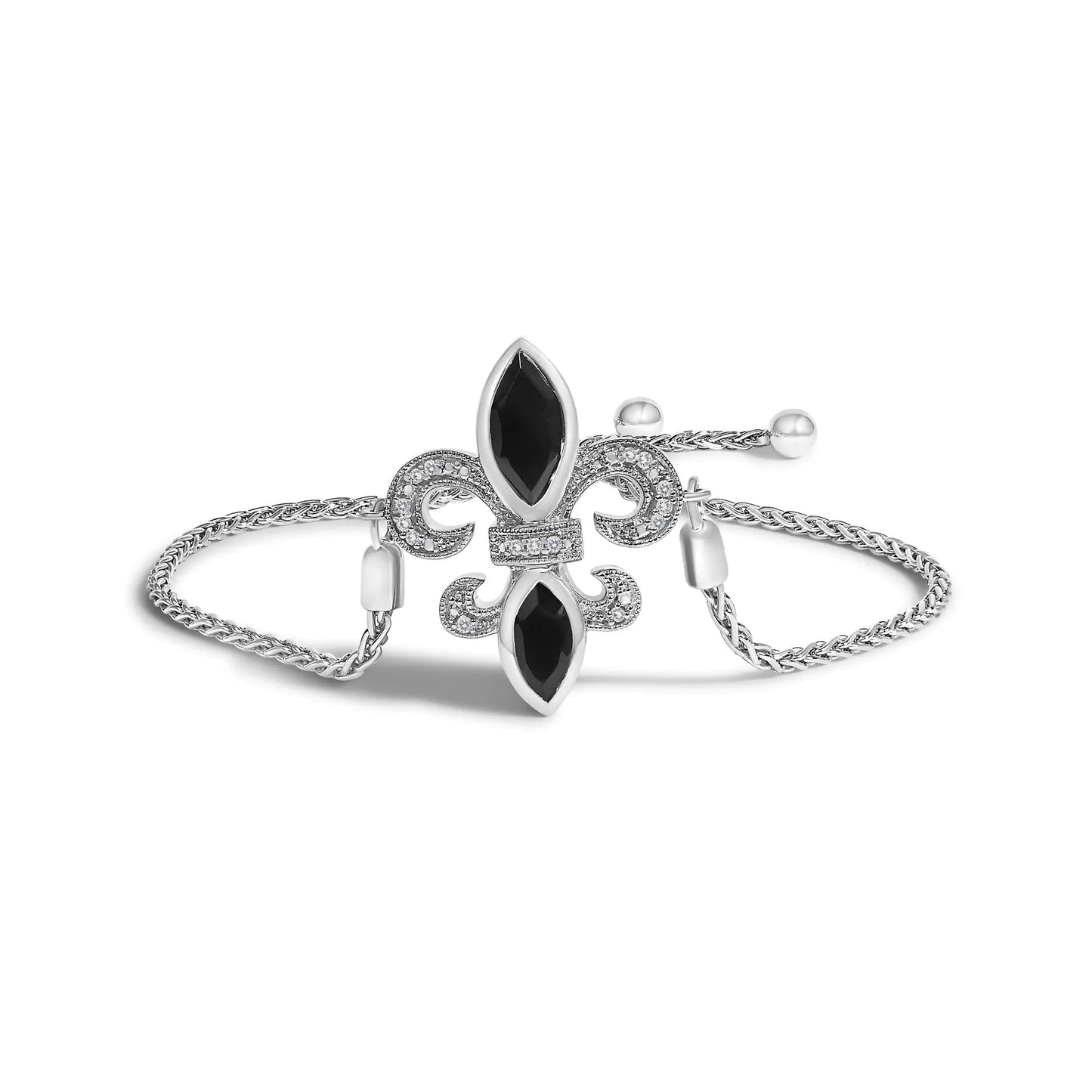 .925 Sterling Silver Marquise Black Onyx and Diamond Accent Lariat 4”-10” Fleur De Lis Adjustable Bolo Bracelet (I-J Color, I1-I2 Clarity)