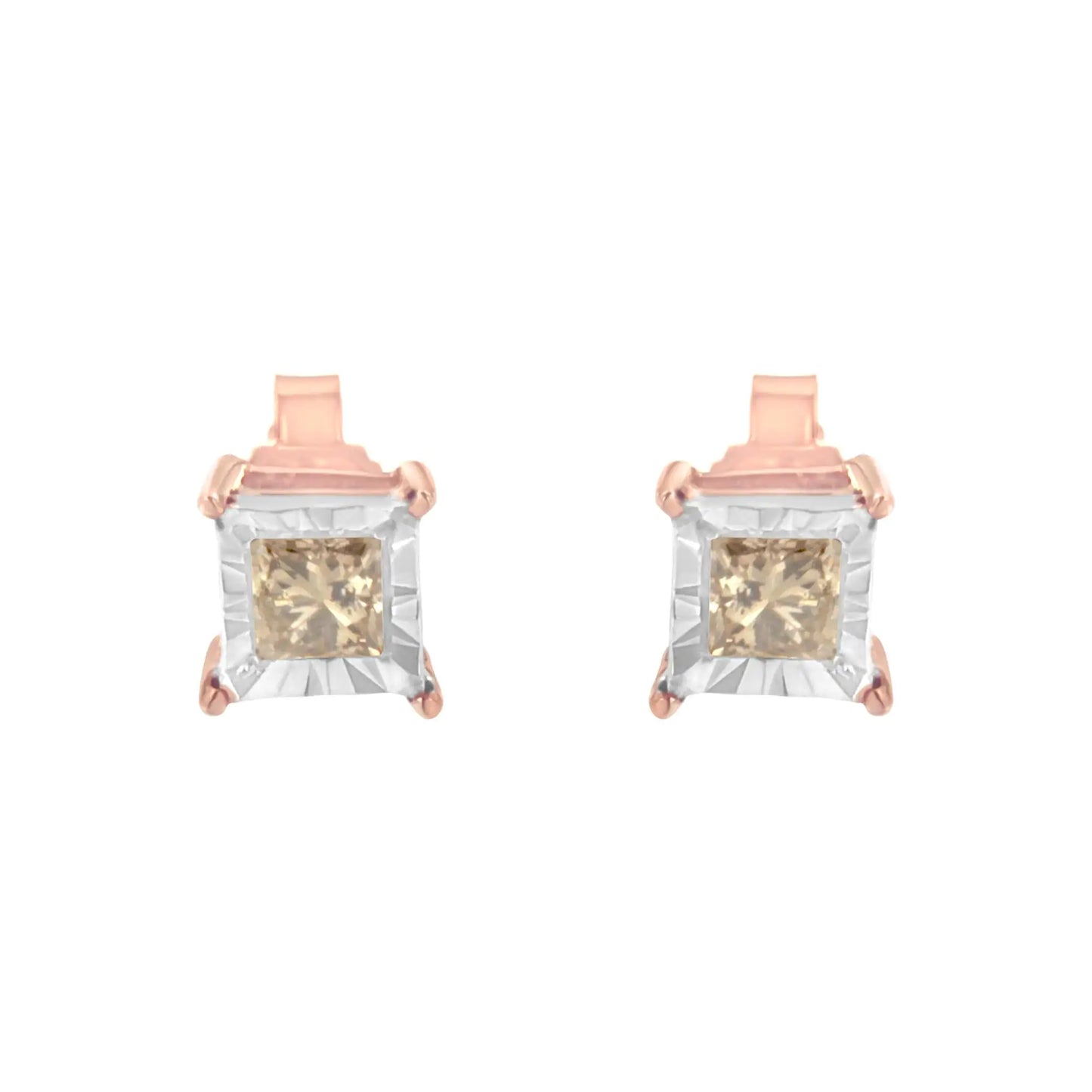 14K Rose Gold Plated Two-Tone .925 Sterling Silver 1/2 Cttw Princess-Cut Square Diamond Solitaire Miracle-Plate Stud Earrings (K-L Color, I2-I3 Clarity)