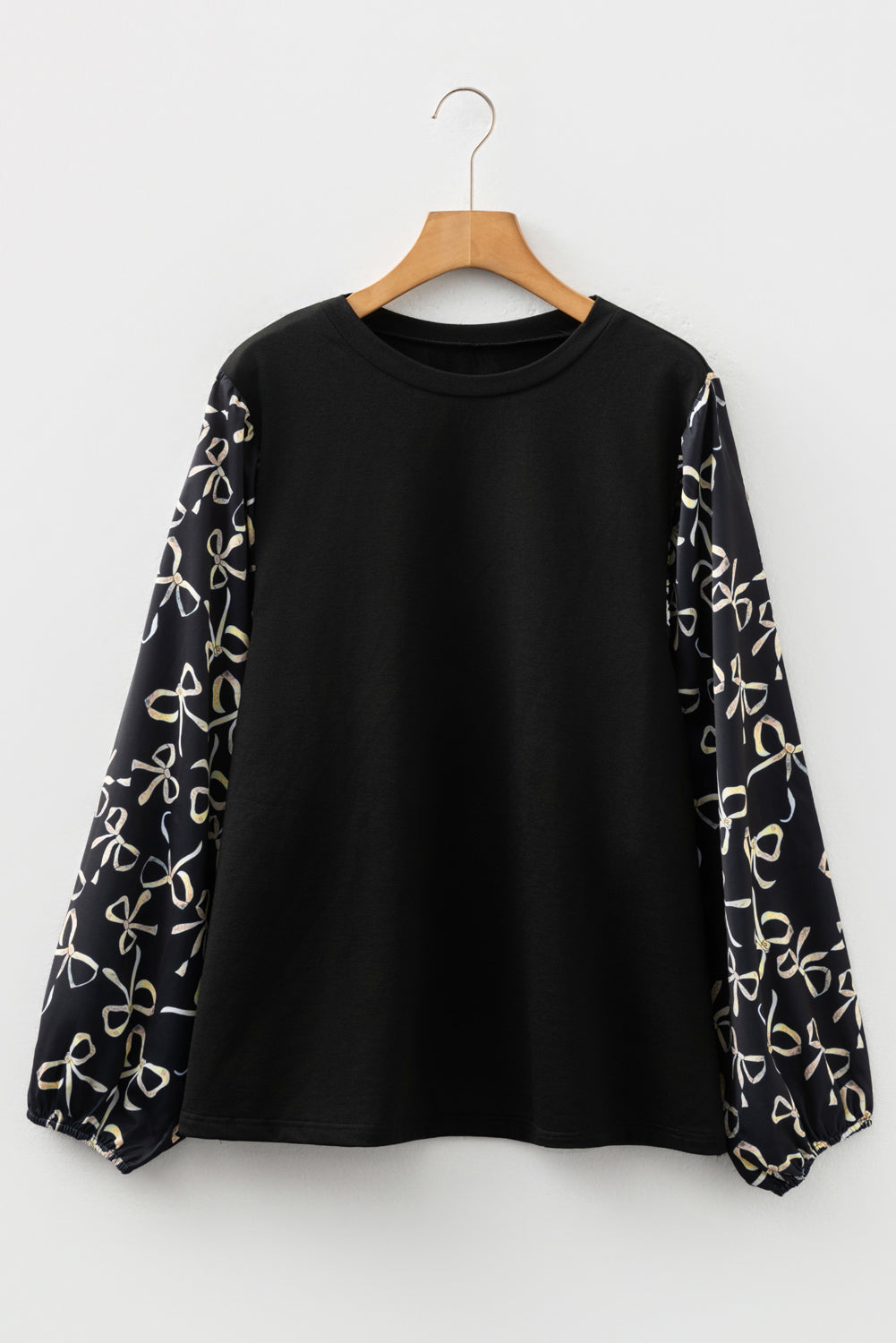 Black Bow Knot Patchwork Crewneck Plus Size Blouse