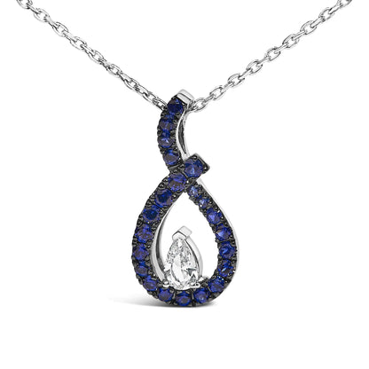 .925 Sterling Silver Created Blue and White Sapphire Teardrop Shaped Pendant Necklace - 18" Inches