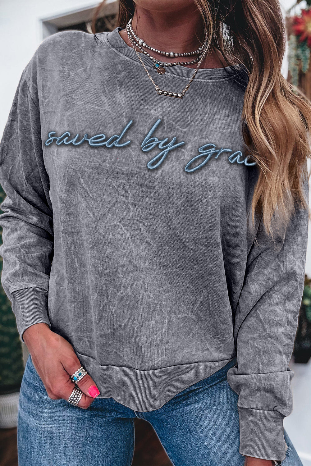 Mineral Red saved by grace Letter Embroidery Mineral Wash Loose Sweatshirt
