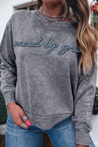 Mineral Red saved by grace Letter Embroidery Mineral Wash Loose Sweatshirt
