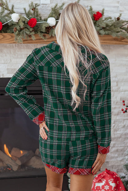 Red Plaid Contrast Patched Christmas Holiday Long Sleeve Shirt and Short 2pcs Pajama Set