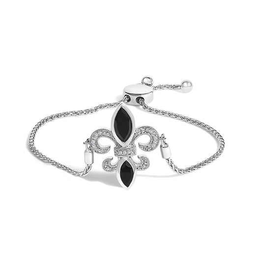 .925 Sterling Silver Marquise Black Onyx and Diamond Accent Lariat 4”-10” Fleur De Lis Adjustable Bolo Bracelet (I-J Color, I1-I2 Clarity)