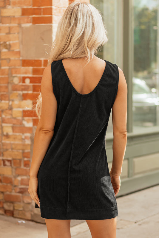 Black Corduroy Sleeveless Mini Dress With Patched Pockets