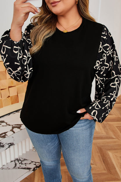 Black Bow Knot Patchwork Crewneck Plus Size Blouse