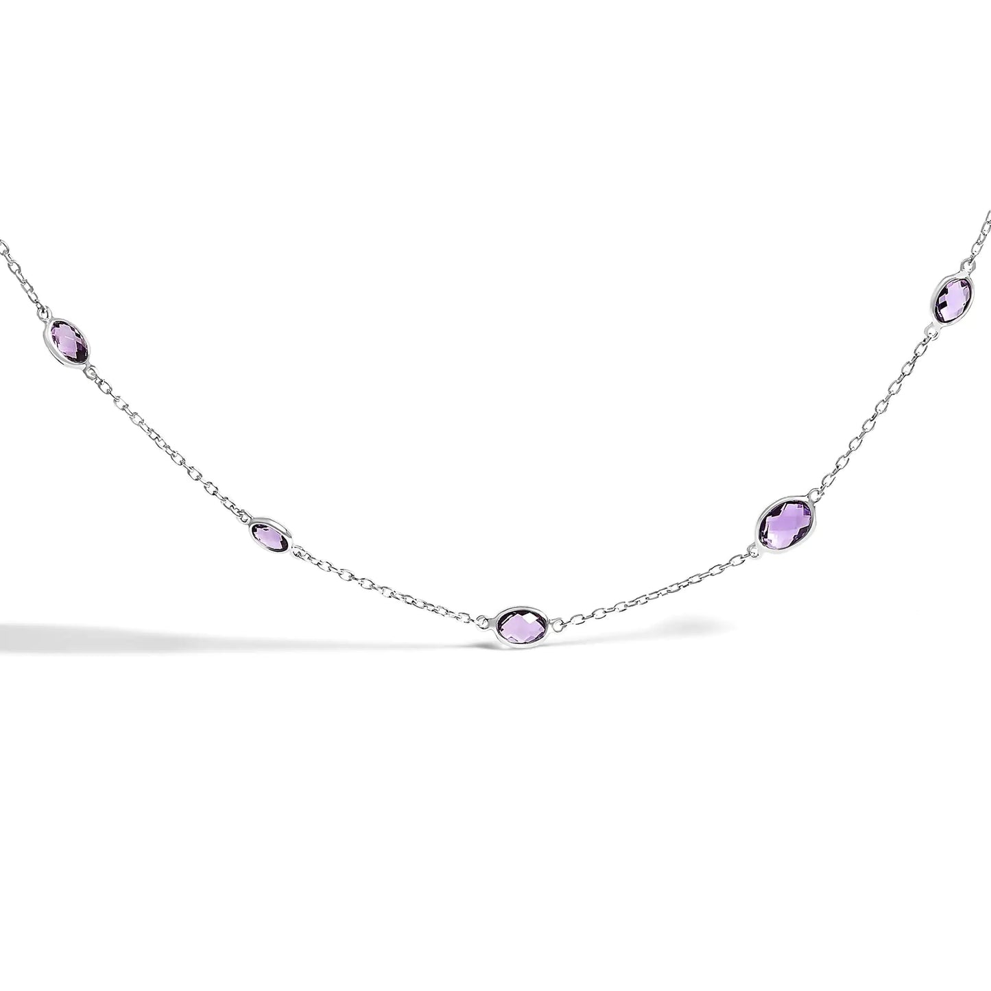 .925 Sterling Silver Checkerboard Cut Purple Amethyst Bezel Station Necklace - 22" Inches