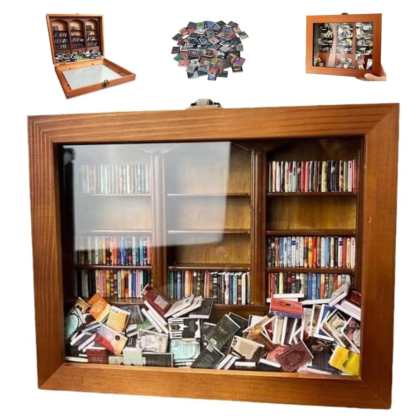 Anxiety Bookshelf - Shake Off Your Anxiety Miniature Display Shelf Contains 240 Miniature Book Models (Brown)